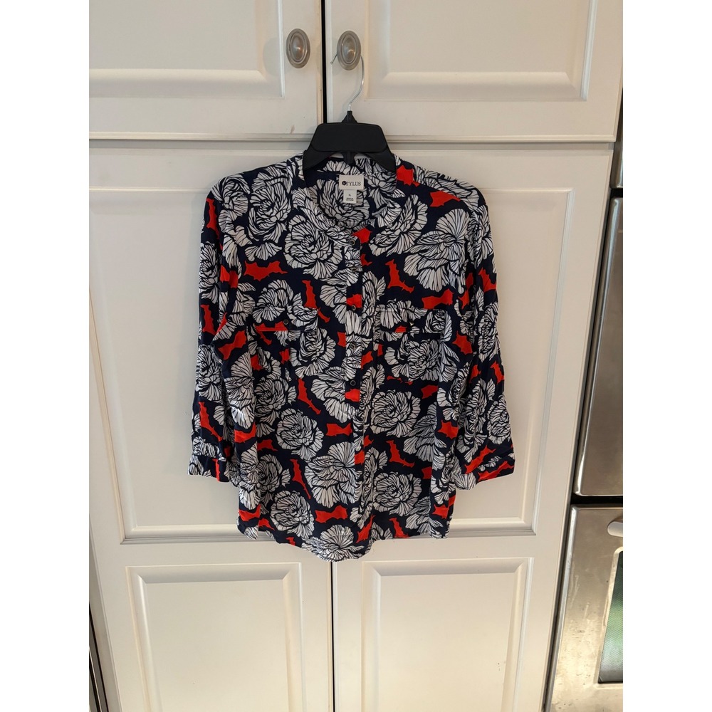 STYLUS Women's Navy White Red Floral Print‎ Button Up Shirt Top XL